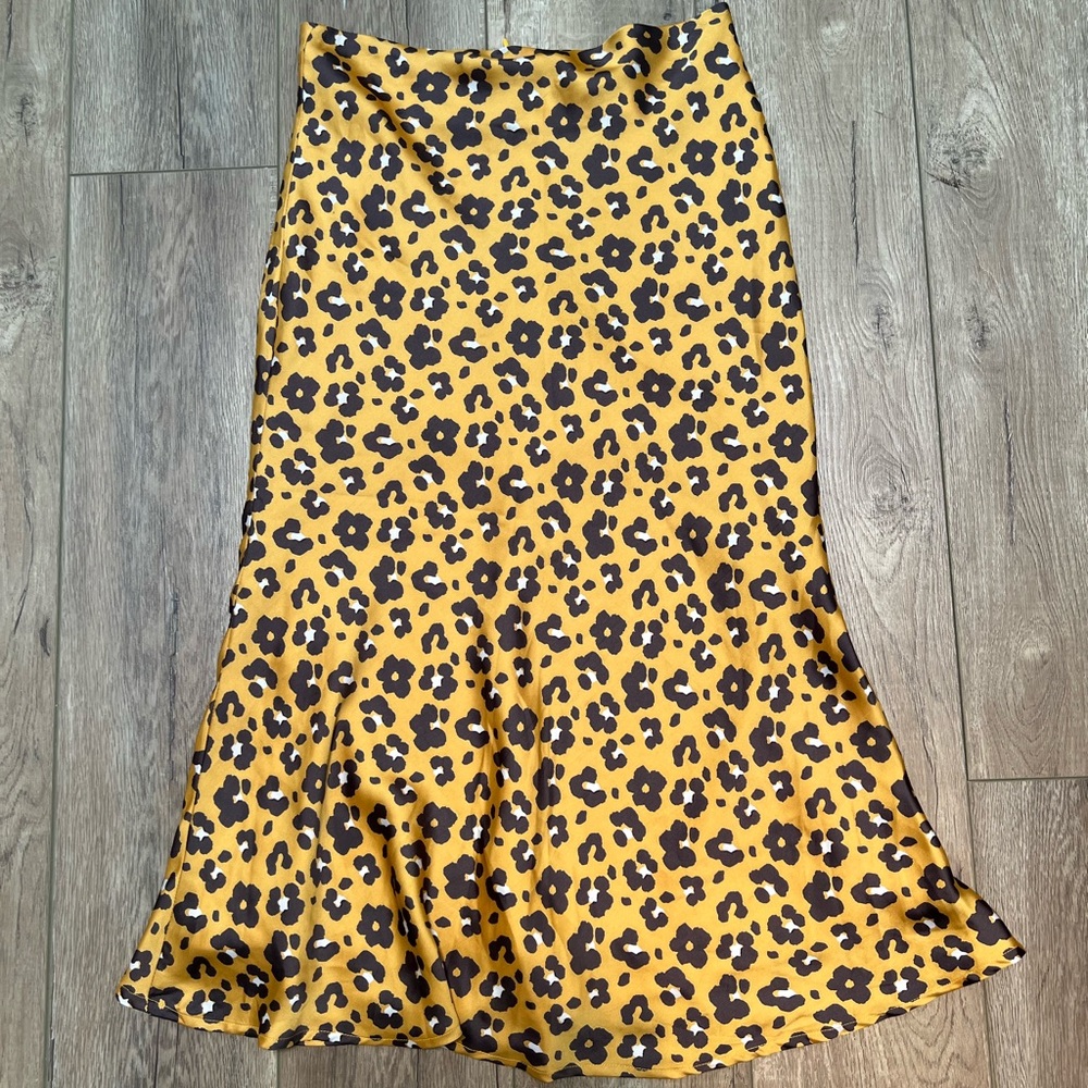 4Sienna Leopard Print Midi Skirt Gold Brown Satin Small